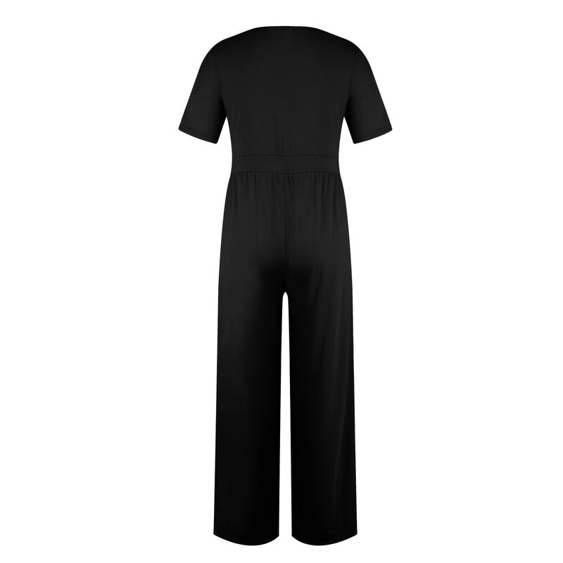 Pleated Office Romper Women Casual Solid Color o Neck Jumpsuit Sexy short Sleeve Simple Tank Straight Pant New High Waist