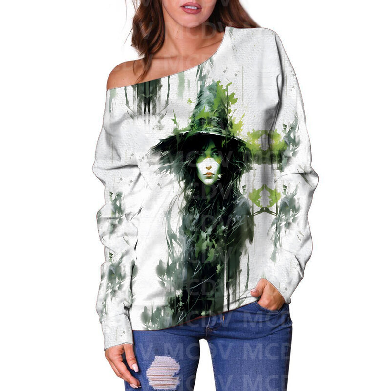 Женский свитер с открытыми плечами, Женский Повседневный свитер с 3D принтом ведьмы на Хэллоуин, пуловер с длинным рукавом
