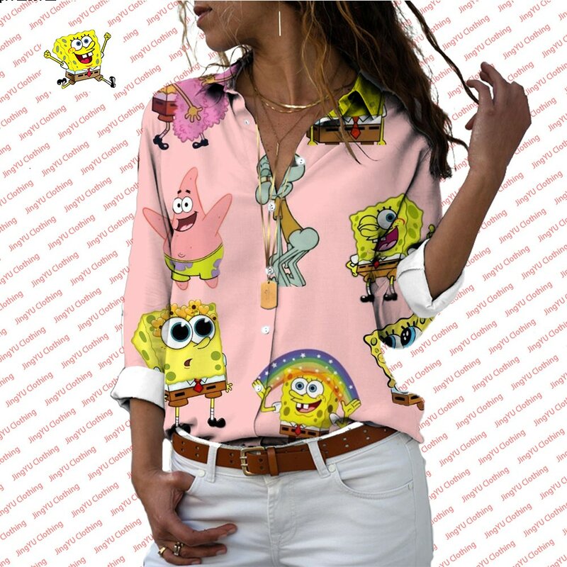 2024 Fashion New risvolto manica lunga camicia monopetto Spongebob modello stampato camicia Casual tutto-fiammifero da donna y2k