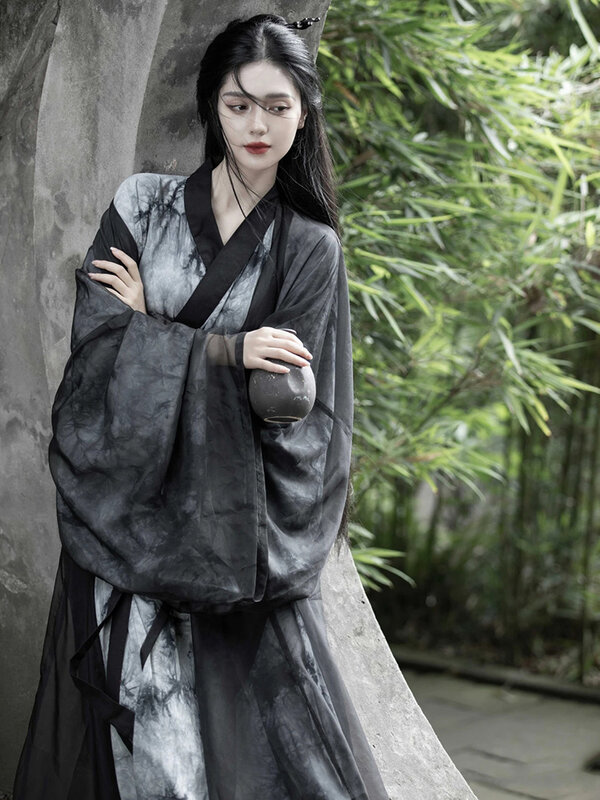 Costume d'arts martiaux Wei et Jin pour femmes, Hanfu noir, col croisé, Ruqun, style antique trempé