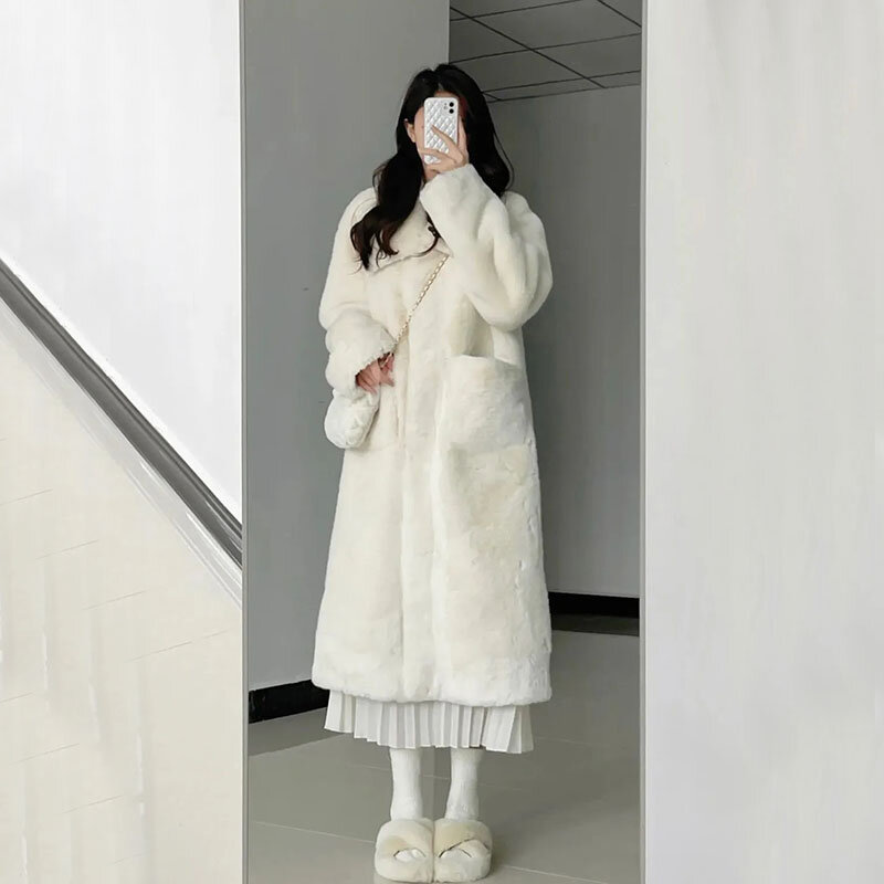 Autumn Winter Faux Fur Warm Midi Coat Female Fashion Korean Lapel Pocket Casual Jacket Solid Elegant All Match Long Outerwear