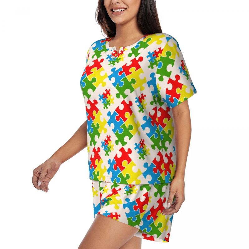 Pijama feminino definido com padrão de consciência do autismo, sleepwear manga curta, quebra-cabeça colorido, 2 peças