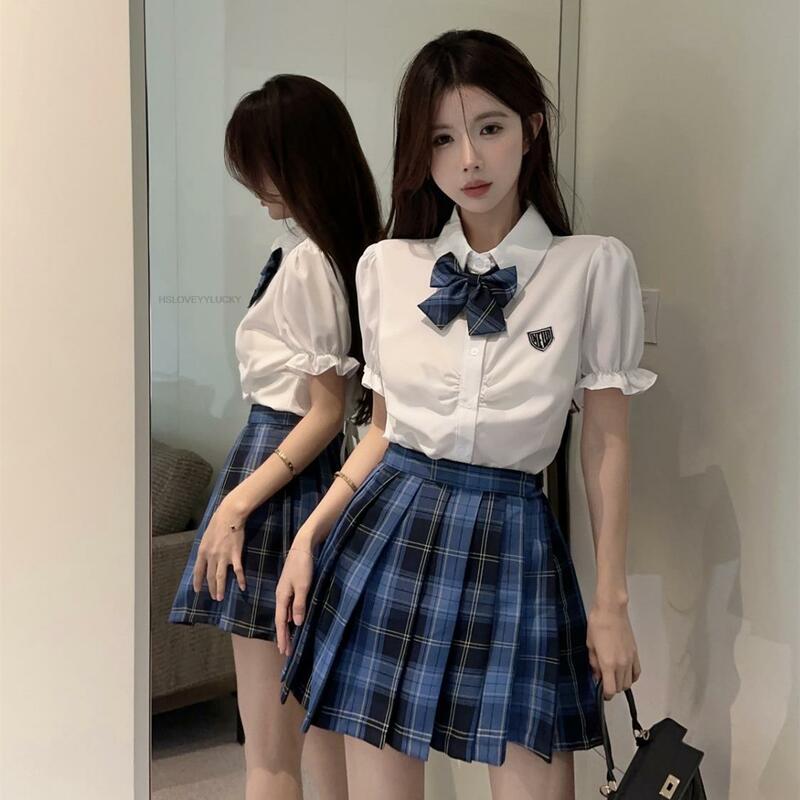 Koszule z krótkim rękawem studencki w stylu japońskim w koreańskim niebieski zestaw plisowana spódnica w kratę gorąca dziewczyna ulepszony zestaw Jk jednolity Y2k