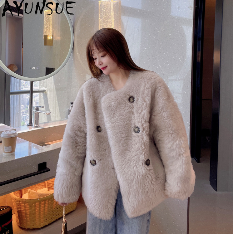 AYUNSUE 여성용 100% 양 시어링 재킷, 우아한 더블 브레스트 모피 코트, 중간 길이 울 재킷, O-넥