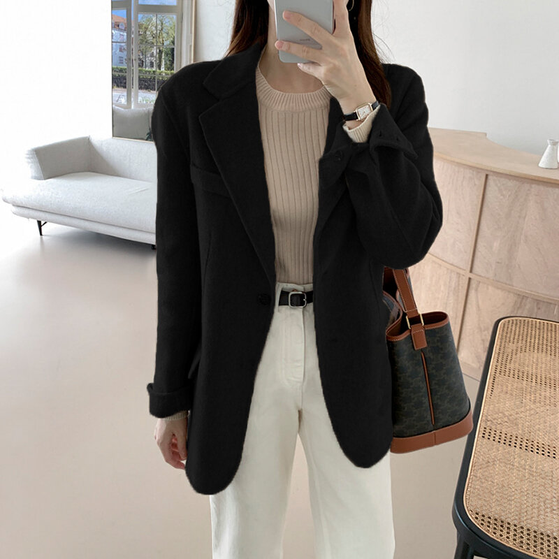 High-end Korea Style Chic Women's Suit Jacket 2023 Autumn and Winter Woolen Thickened Blazer Slimming Office Lady Solid Coat Top
