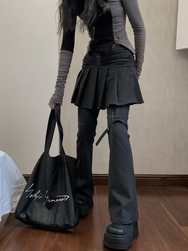 HOUZHOU 여성 고딕 플레어 팬츠, 로우 웨이스트 하라주쿠 활 매듭 플리츠 크로스 펑크 페이크 2 피스 팬츠, 일본 2000 년대 스타일 Y2k