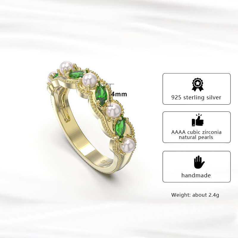 Metiseko-anillo Chapado en plata de ley 925 para mujer, de 14 quilates sortija de oro, con perlas naturales de agua dulce y circonita cúbica verde esmeralda, estilo Retro