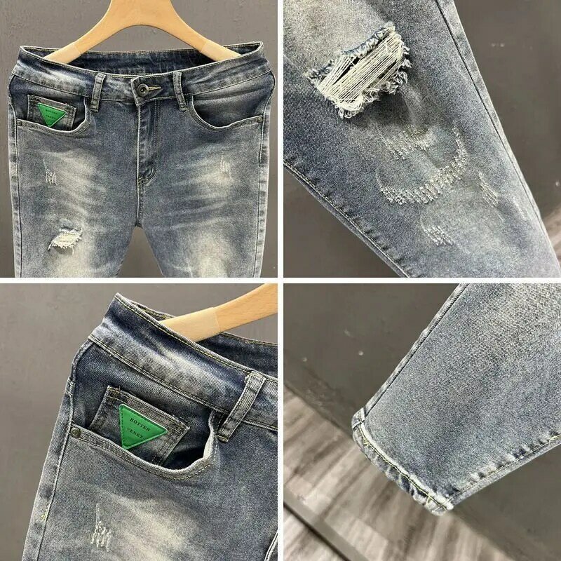 Wysokiej jakości designerskie jeansy męskie typu Slim Fit z roztargnionymi dziurami męskie jeansy luksusowe modne 2024 chłopaka letnie porwane jeansy