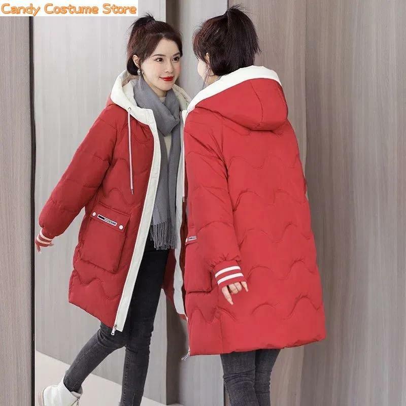 Jaket Hoodie tebal hangat wanita, mantel Luaran parka berkerudung tebal longgar Korea katun, mantel musim dingin