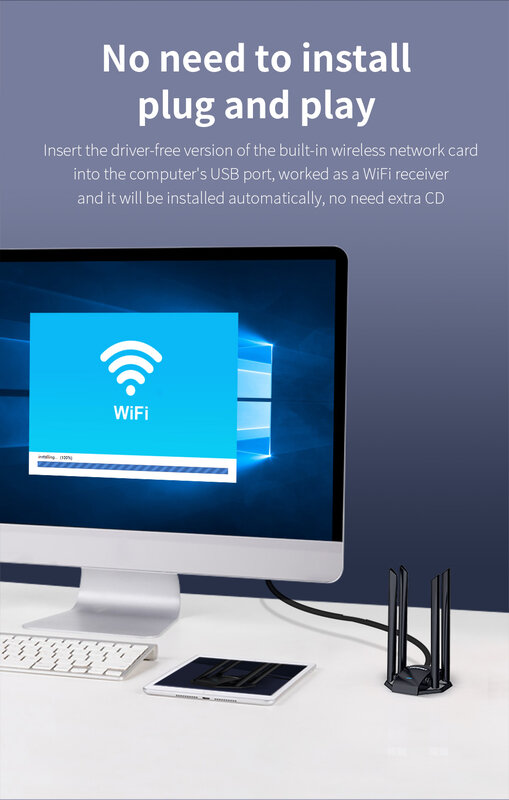 Comfast Adaptador Wi-Fi sem fio, placa de rede USB, alto ganho, 4 * 6dbi Antena, Desktop Linux, 1300Mbps, 2.4G e 5GHz
