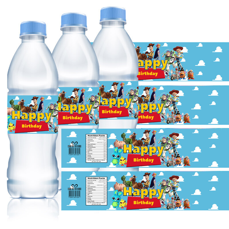 Etiqueta de botella de agua Toy Story para suministros de fiesta de Disney, Woody, Buzz, decoraciones de cumpleaños, pegatinas para niños y niñas, fiesta de Baby Shower