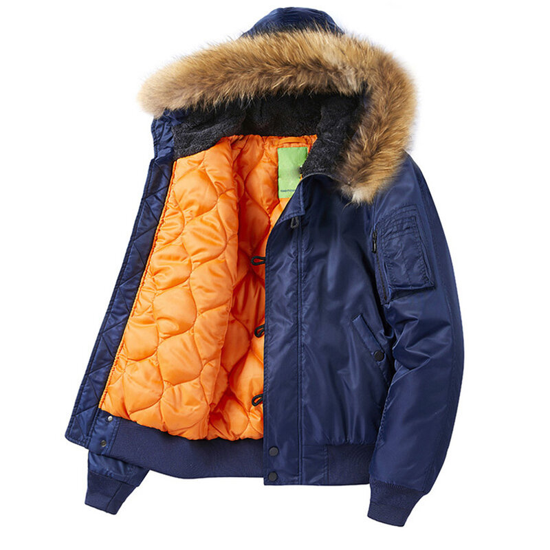 メンズファーカラー冬物ジャケット、帽子付きの厚いパッド入り、ボンバージャケット、ショートウェア、ストリートウェアパーカー、コート