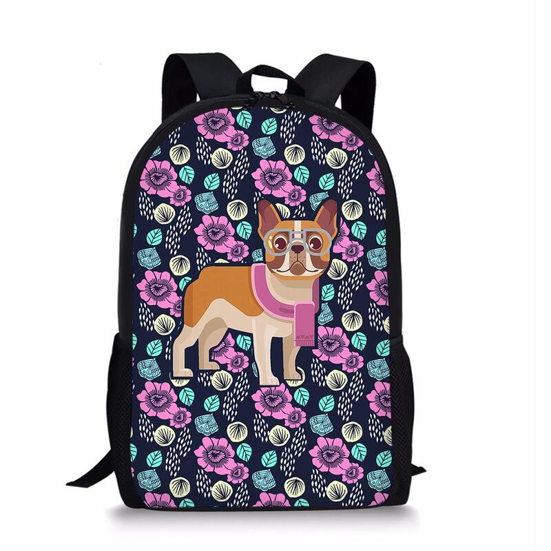 Tas sekolah Bulldog Perancis untuk anak perempuan tas buku kasual tas ransel anak-anak gambar hewan bunga tas sekolah poliester anak laki-laki perempuan