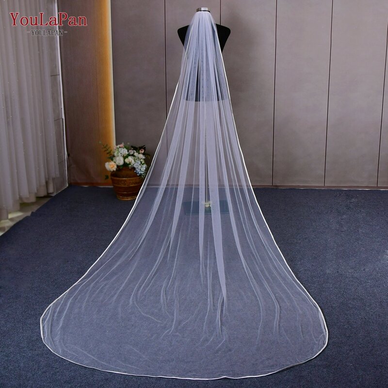 YouLaPan V21 Long Bridal Veil with Ribbon Edge Simple Elegant High Quality Bridal Veils Handmade White Ivory Fashion Veils
