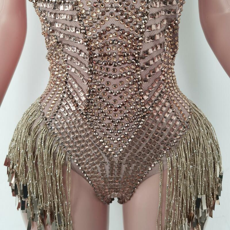Nightclub Outfit Sexy Deep V Neck Sequins Bodysuit for Women Sparkly Rhinestones Leotard Dance Costume Stage Wear Performance