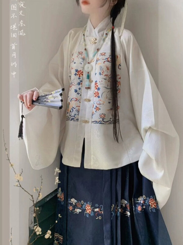 Hanfu-Conjunto de falda con cuello cuadrado para mujer, empalmado Top corto, Mangas de Pipa, Cara de caballo, Otoño e Invierno