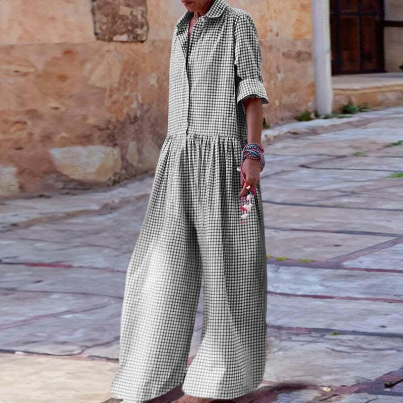 Mn Check Print Jumpsuit for Women, Soft Jumpsuit, Long Sleeves, Wide Legs, Casual Fit for A Fashionable Look, Elastic
