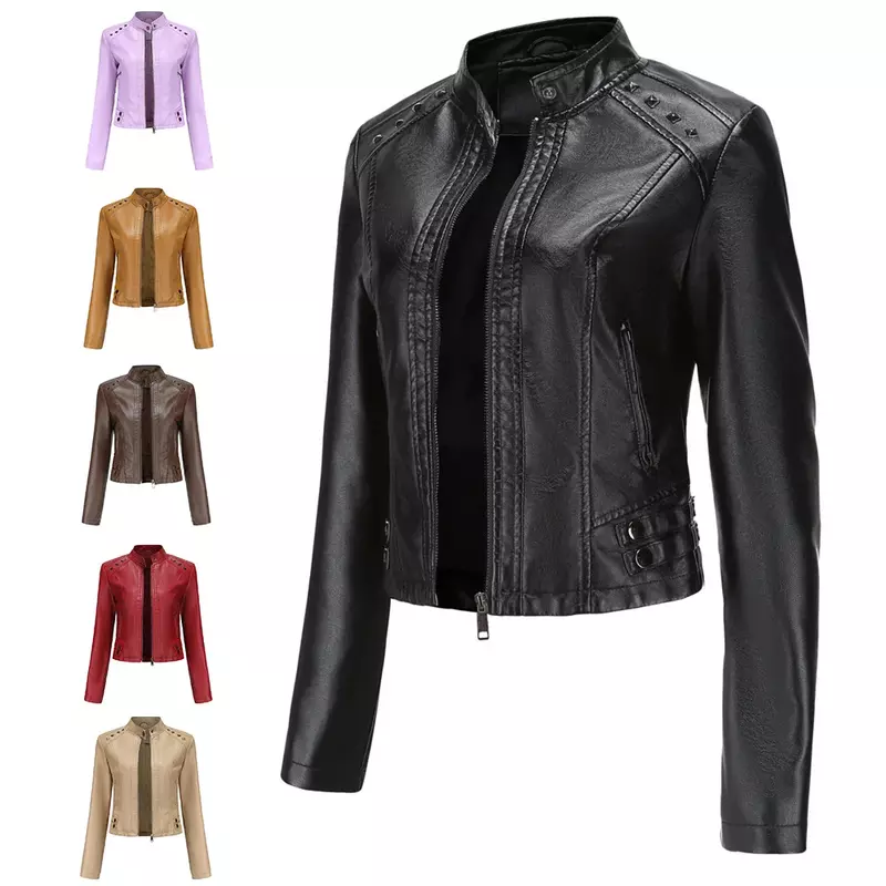 2024 Women's New Rivet Leather Jacket Autumn Stand Collar Fashion PU Leather Jacket