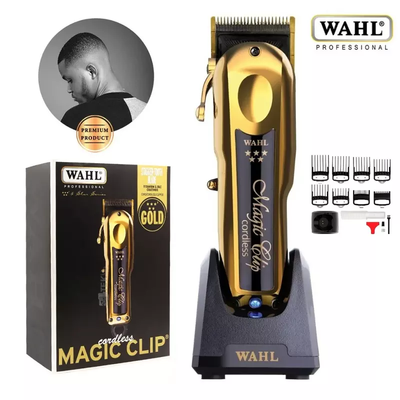 Oryginalny WahI 5-gwiazdkowy 8148 złoty magiczny klips złota w limitowanej edycji profesjonalny przewód/bezprzewodowy maszynka do włosów z baza do ładowania