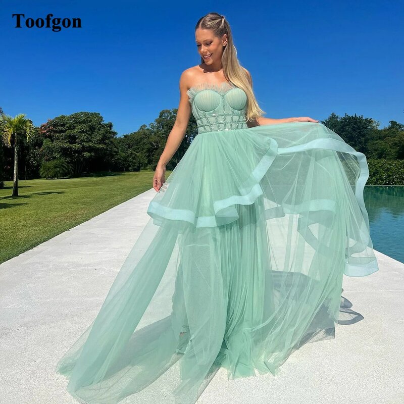 Toofgon-女性のためのフォーマルなチュールのイブニングドレス,ミントグリーン,ラインフリル付きのエレガントなウェディングドレス,特別なイブニングウェア
