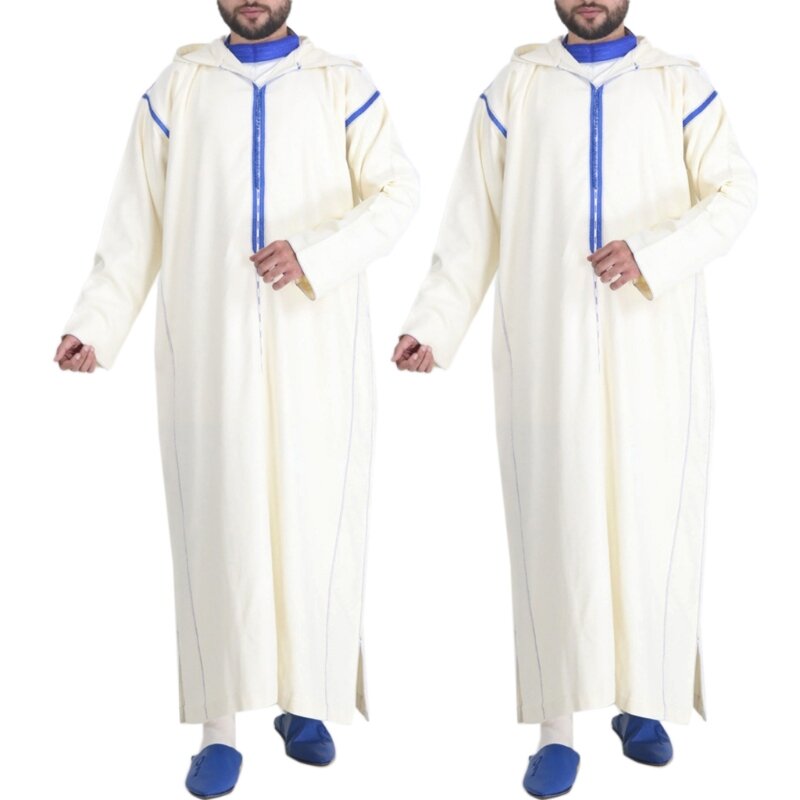 Muslim Hooded Kaftan Robes for Men Muslim Dress Saudi Arabic Thobe Middle East Jubba Thobe Male Breathable Islamic Robe