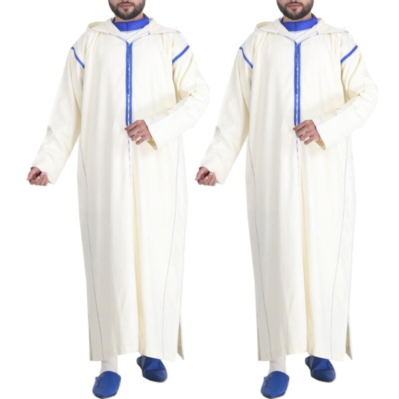 Oriente Médio Kaftan Robe Homens Árabe Saudita Com Capuz Thobe Mangas Compridas Vestido Muçulmano 41QC