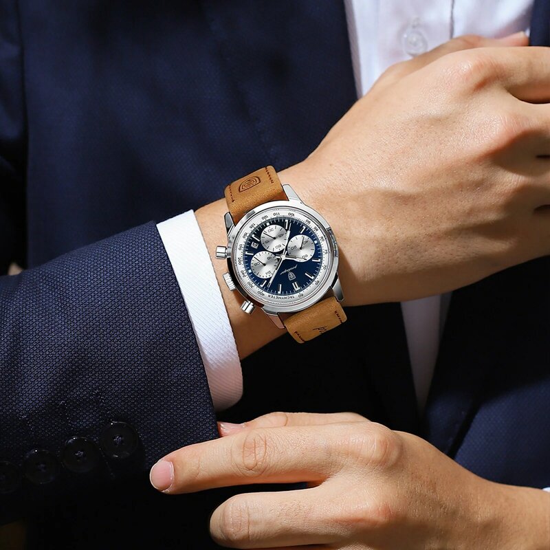 POEDAGAR-Relógio de quartzo de couro genuíno masculino, cronógrafo, impermeável, luminoso, data, esporte, homem