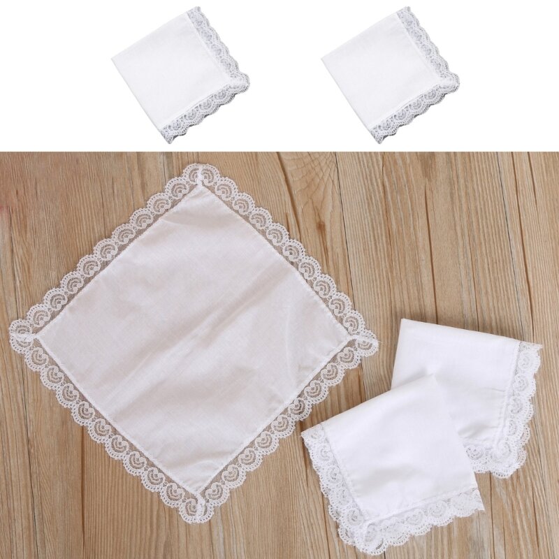 Pañuelos de algodón 652F 26x27cm para hombres y mujeres, pañuelos blancos sólidos, bolsillo, toalla con adorno de encaje, de Diy