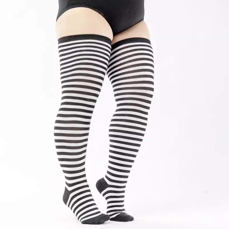 Plus Size Ladies Striped Long Socks Over Knee Thigh High Cosplay White Sock Large Black Stockings for Overweight Women Girls
