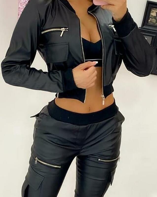 Giacche da donna 2023 New Autumn Pu Leather Zipper Pocket Design giacca a maniche lunghe Daily Fashion Crop Jacket Streetwear