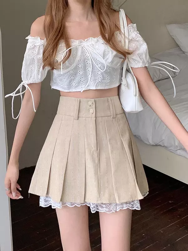 2024 Korean Fashion Khaki Short Skirt Lace Trim Cute Pleated Skirts Womens Preppy Style Button Up High Waist Summer Mini Skirt