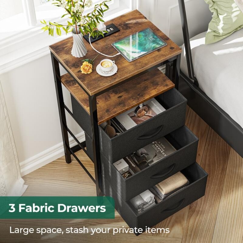 Bedside table with charging station, 27.6-inch fabric drawer, end table with USB port and socket