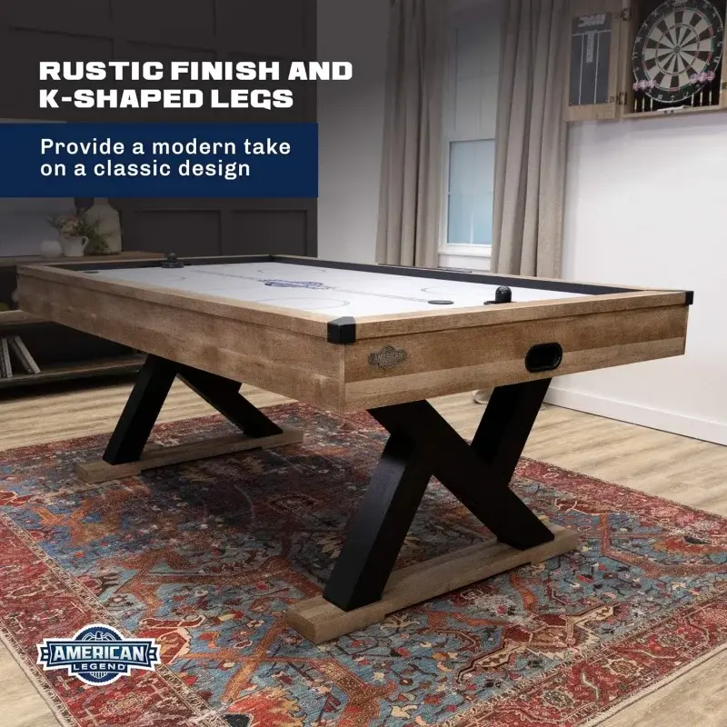 طاولة هوكي تعمل بالهواء مع تشطيب خشبي ريفي ، أسطورة الأمريكية ، أرجل على شكل K ، نورموود ، تصميم حديث ، 84"