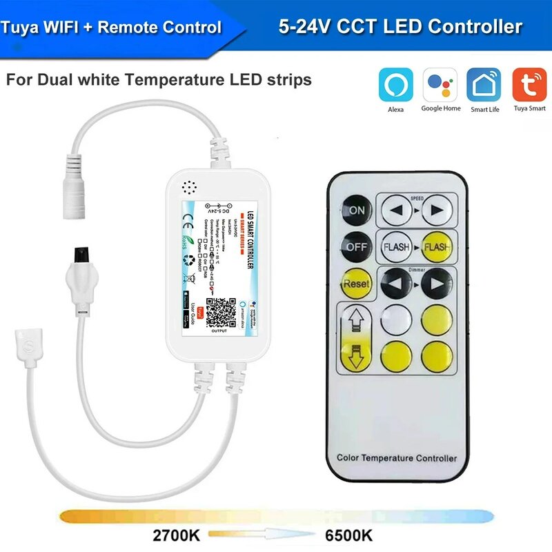Controle remoto LED Strip Lights, branco quente e frio Linear, fita COB, controle remoto IR, decoração, Tuya, Wi-Fi, DC24V, FOB, CCT, 608LEDs/m, RA90, 1m-10m