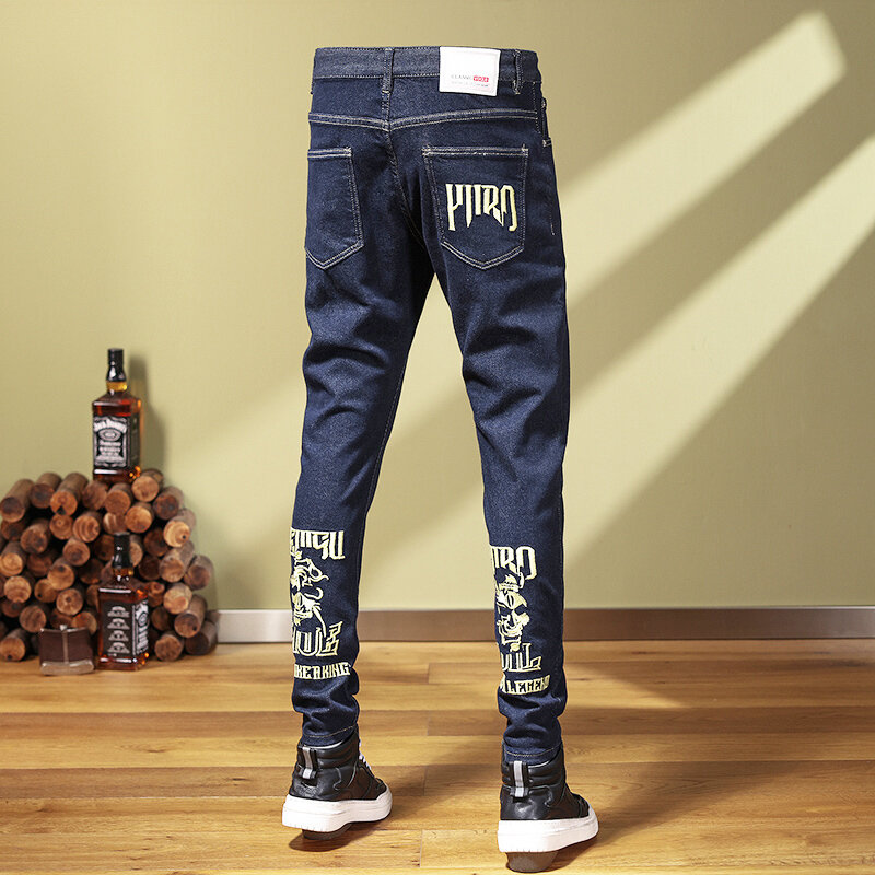 Street Fashion Men Jeans Vintage Dark Blue Elastic Stretch Slim Fit Embroidery Designer Jeans Men Hip Hop Raw Denim Pants Hombre