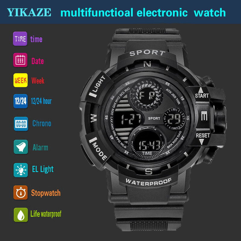 YIKAZE สีดำ Jam Tangan Digital สำหรับชายนาฬิกาข้อมือเล่นกีฬากลางแจ้งกันน้ำ Chronograph มือนาฬิกา G Infantry Shock นาฬิกาข้อมือนักเรียน