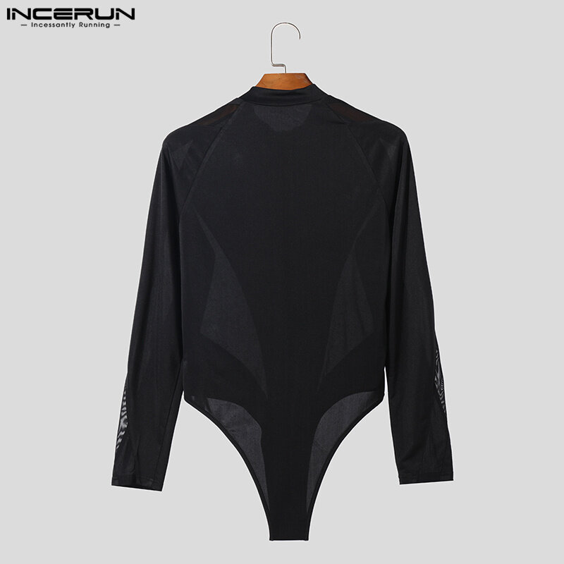 Sexy Casual Style Jumpsuits INCERUN New Mens Zipper Design Patchwork Mesh Bodysuits Leisure Male Long Sleeved Rompers S-3XL 2023