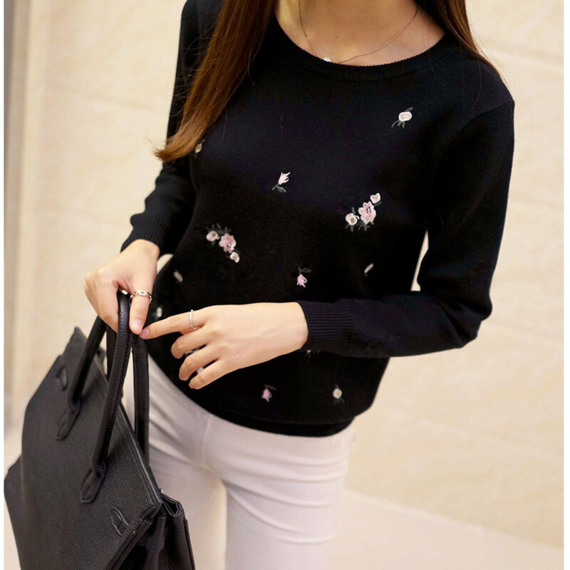 Jersey de manga larga con bordado de flores para mujer, suéter informal de algodón, Tops de color sólido, nuevo estilo, 2023