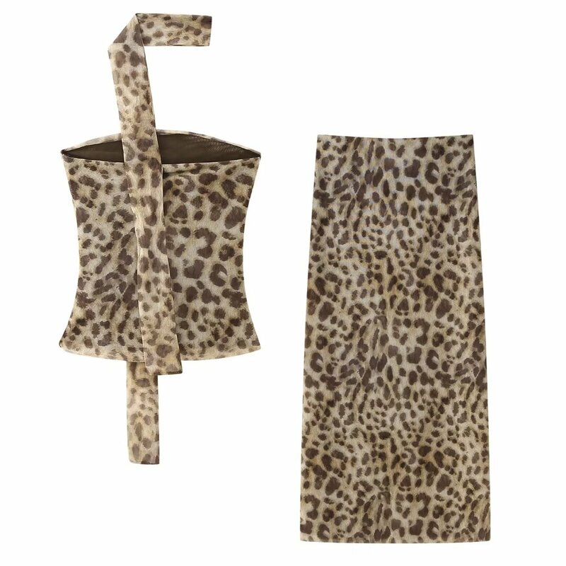 Traje de 2 piezas para mujer, Top de tubo de seda con estampado Animal, chaleco Retro + falda de seda delgada, 2024