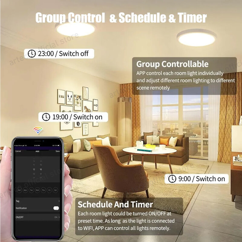 Zigbee 스마트 천장 LED 조명, RGB CW 투야 앱 제어 천장 램프, 거실 침실 홈 데코, 알렉사와 함께 작동, 24W, 40W