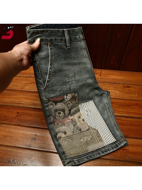 Celana pendek DENIM ปักปะติดระดับไฮเอนด์สำหรับผู้ชายคร็อปแพนท์ยืดแฟชั่นสลิมฟิตอินเทรนด์สไตล์เกาหลี2024ฤดูร้อน