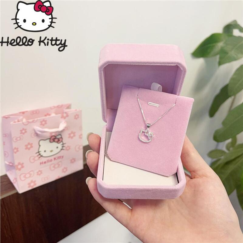 Collar de Hello Kitty para amantes, anillo de Anime Sanrioed Kawaii, Collar de plata de diamante ajustable, Festival de regalo de cumpleaños de Miss Girlfriend