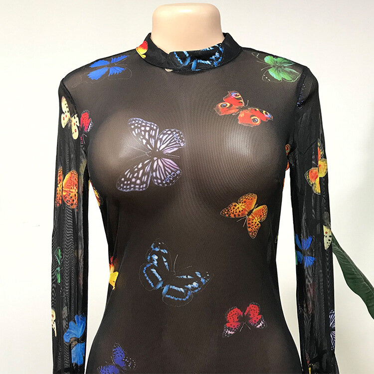 Gaun Afrika untuk Wanita Gaun Pesta Seksi 2022 Pakaian Baru Kerah O Kupu-kupu Cetak Tembus Pandang Pakaian Fashion Rok Baru