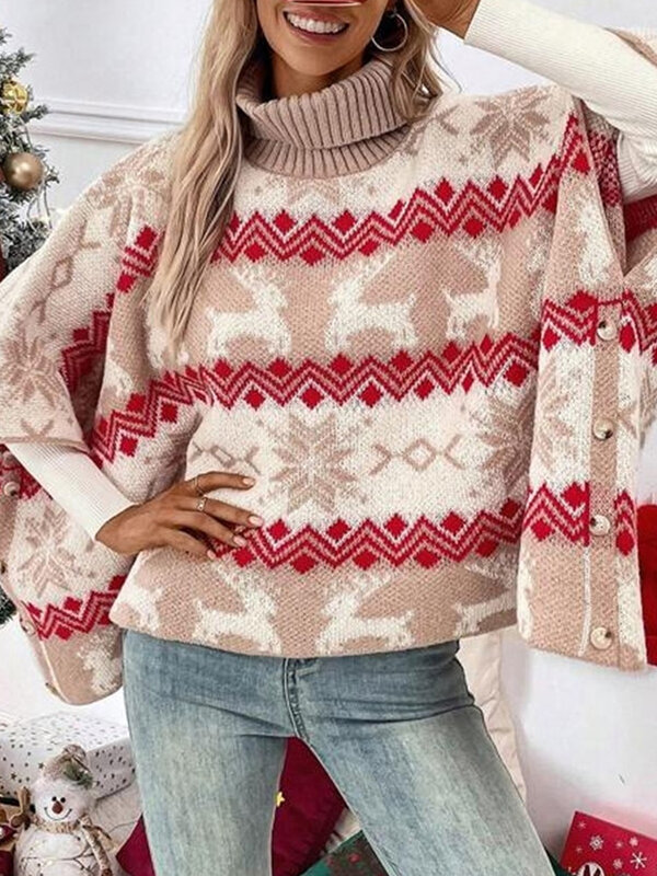 Świąteczne swetry damska z nadrukiem klasycznego płatka śniegu z łosia rękaw w kształcie skrzydła nietoperza pulower z golfem bluzki z dzianiny