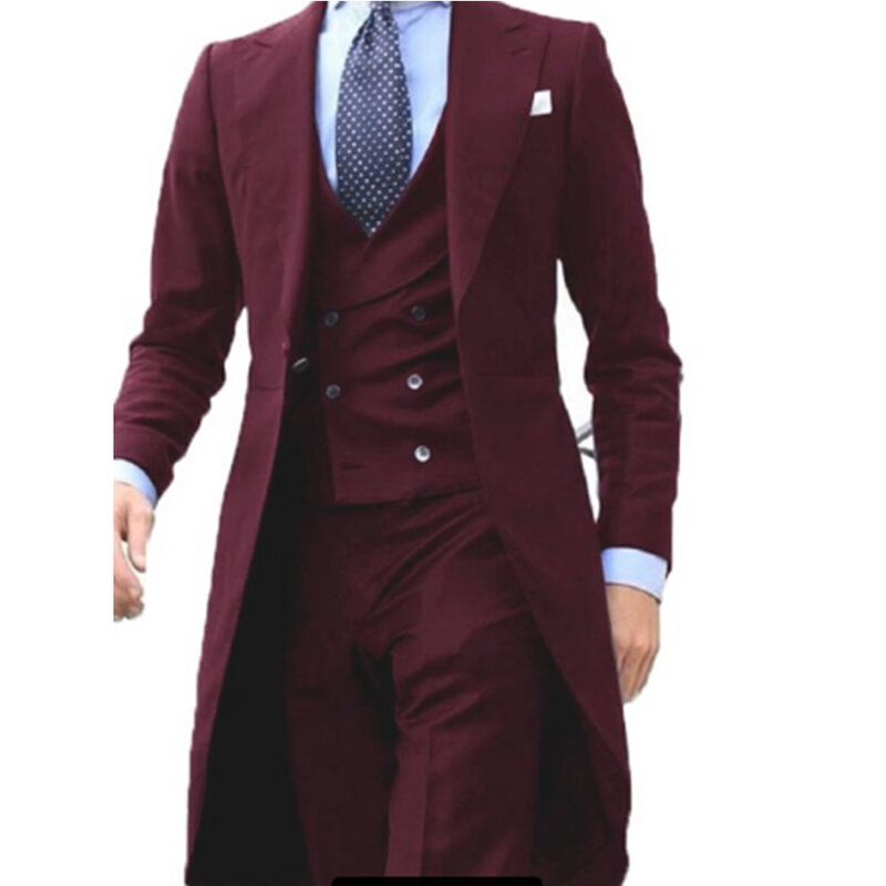 남성용 부드러운 턱시도 무도회 블레이저, 커스텀 3 피스 (재킷, 조끼, 바지), 롱 코트 디자인, 중국 레드, 2023 신상