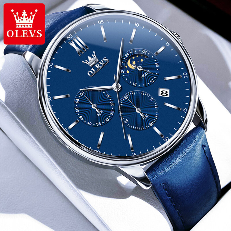 OLEVS jam tangan bisnis pria, arloji kulit biru tahan air tanggal fase bulan konograf Quartz untuk lelaki