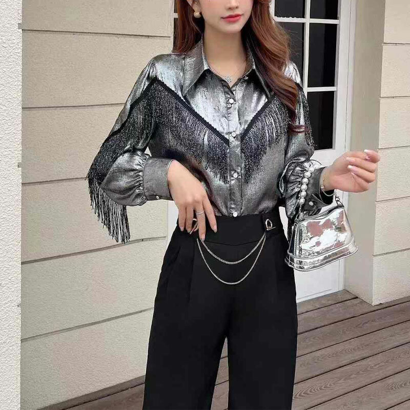 Commute Tassel Spliced Shirt Stylish Bright Silk Spring Autumn New Long Sleeve Women's Clothing Polo-Neck Single-breasted Blouse