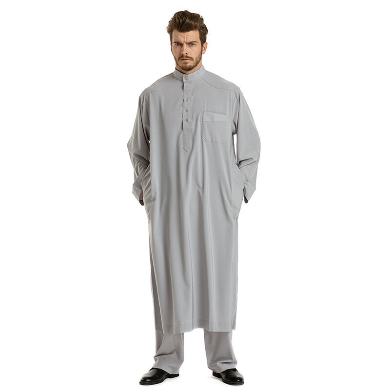 New Muslim Cloths Stand Collar Robe Men's Middle East Arabic Solid Color Long Sleeve Robe Suit Two-Piece Set