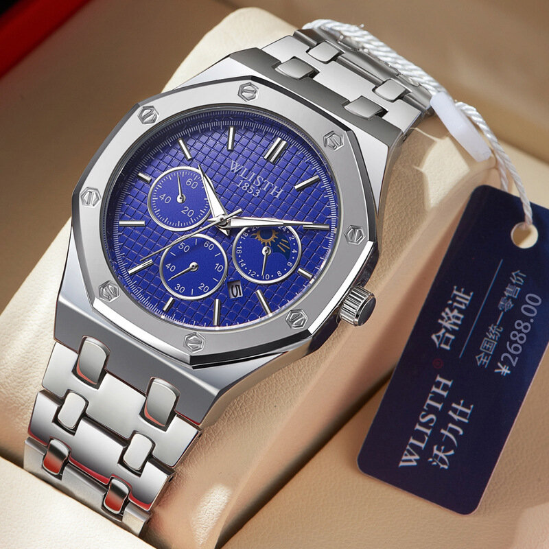 Wlisth jam tangan bisnis Pria & Wanita, arloji Quartz penuh Stainless Steel, tahan air untuk lelaki