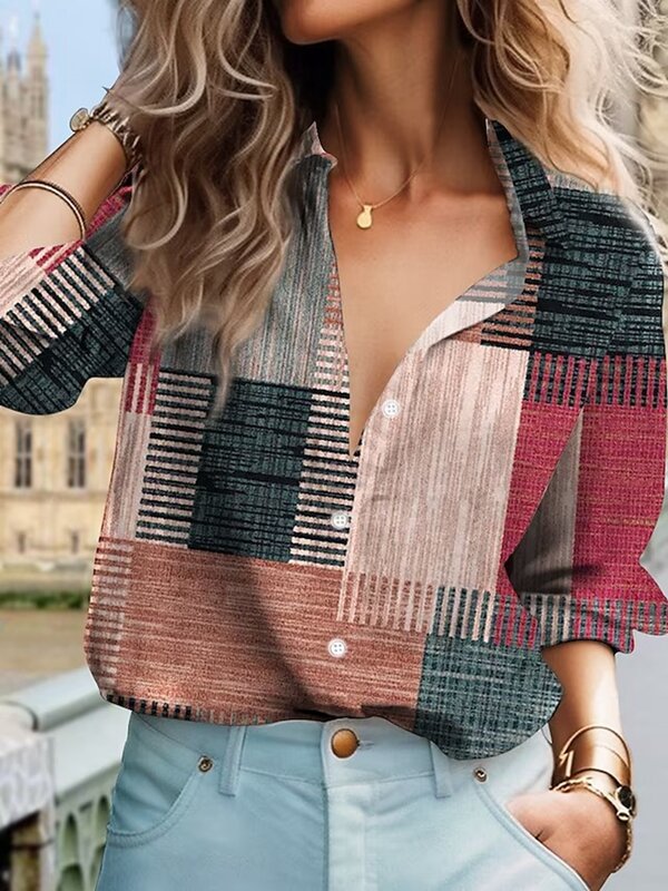 Women's Shirt Blouse Pink Blue Brown Color Block Button Print Long Sleeve Casual Vintage Daily Basic Shirt Fall & Winter Tops